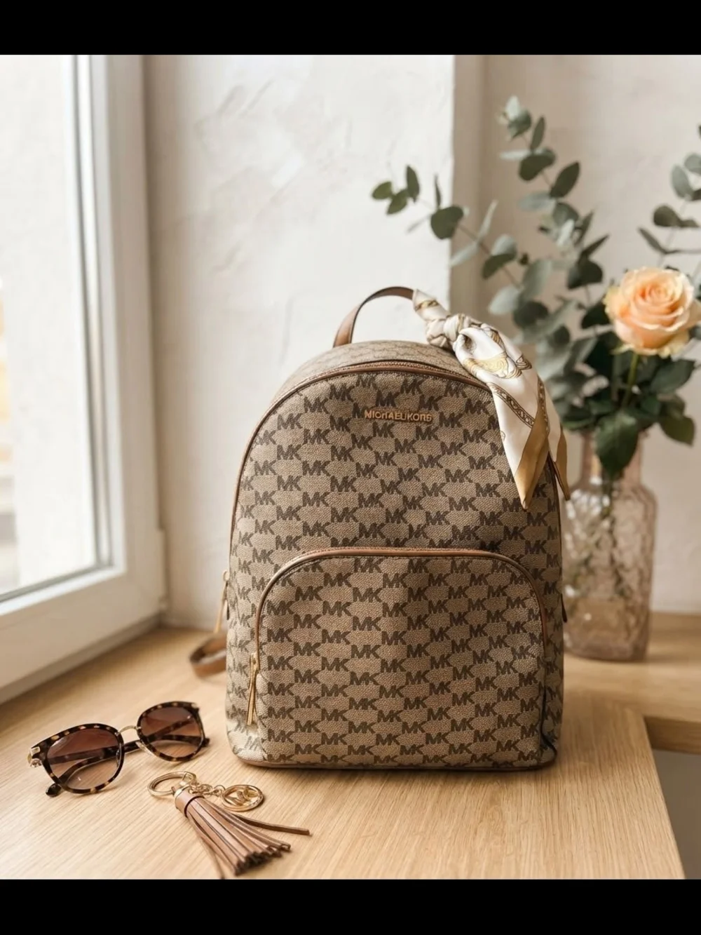 Michael Kors Brown MK Monogram Canvas Backpack with Gold Hardware